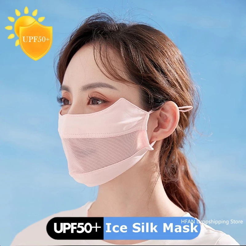 Outdoor Sunscreen Mask Women Girl Ice Silk Face Mask Breathable Mesh Face Cover Driving Riding Hiking Hunting Running Sport Mask