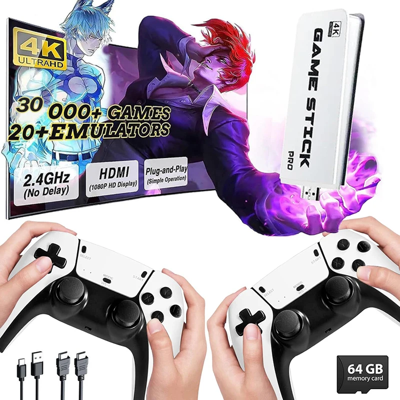 4K TV Game Stick, Retro Video Game Console with 64GB/30000+ Built-in Games, 2.4G Wireless Controller, Plug & Play for HDTV