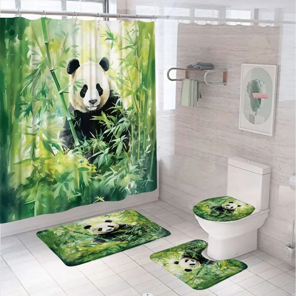 

4 шт. акварельные зеленые бамбуковые занавески для душа набор милая панда забавная дикая природа растения животные занавеска для ванной комнаты коврик для ванной