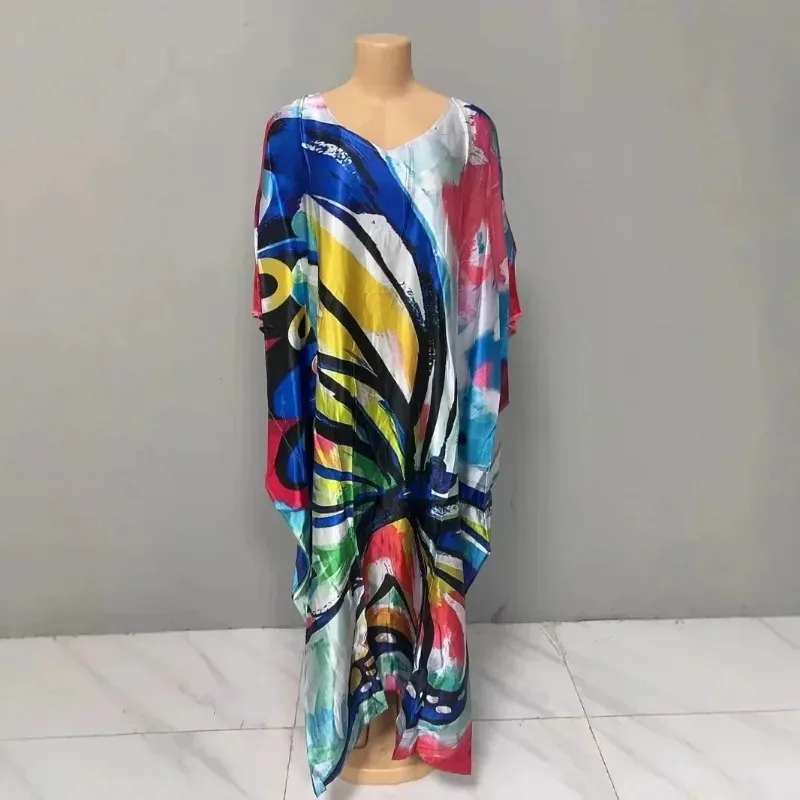 فستان نسائي مريح بمقاس كبير، طباعة زهور، تنورة طويلة بخصر فضفاض، أكمام تشبه جناح الخفّاش، رقبة على شكل V، طول الكاحل، أزياء أنيقة