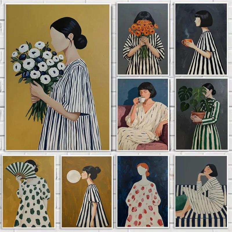 Minimalist Striped Woman with Flowers Poster Modern Abstract Reclining Female Reading Canvas Painting Girly Wall Room Home Decor