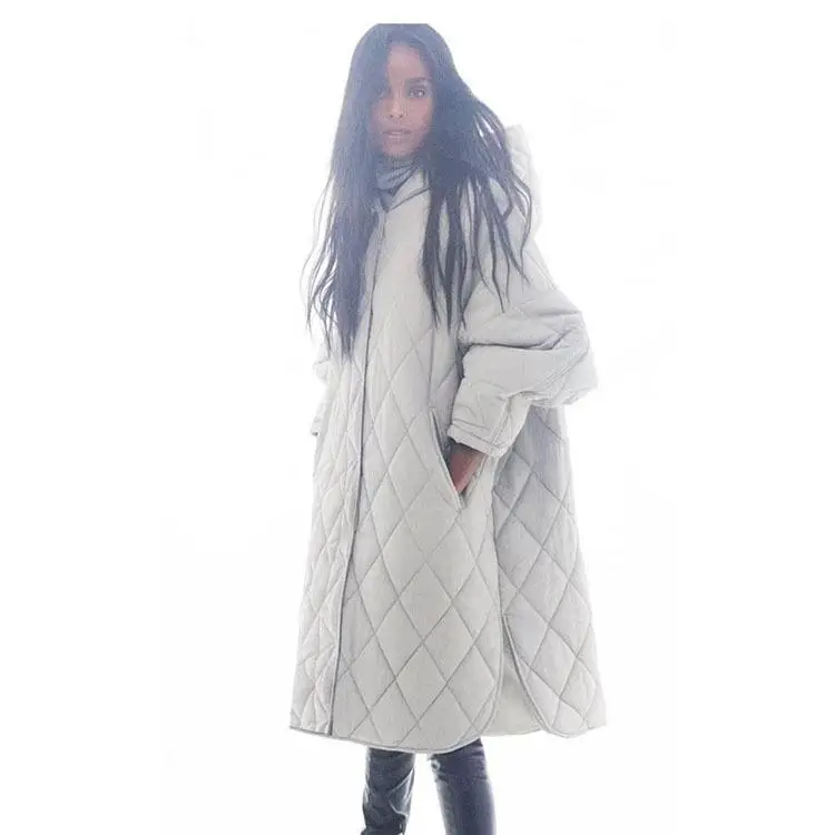 

Women's Hooded Cotton Jaet Lightweight Casual Diamond Patterned Coat Street Sle Thiened Long Sve Mid-Length