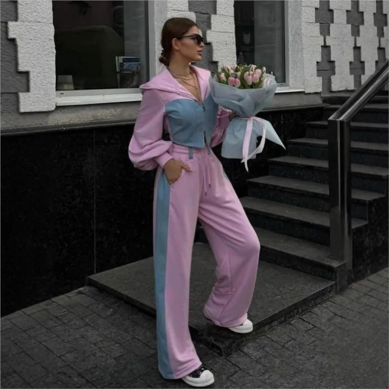 Fashion Contrast Color Patchwork Hoodies Pants Set Women Zipper Short Hooded Coats Lace Up Wide Leg Pant Spring Autumn Tracksuit image 4