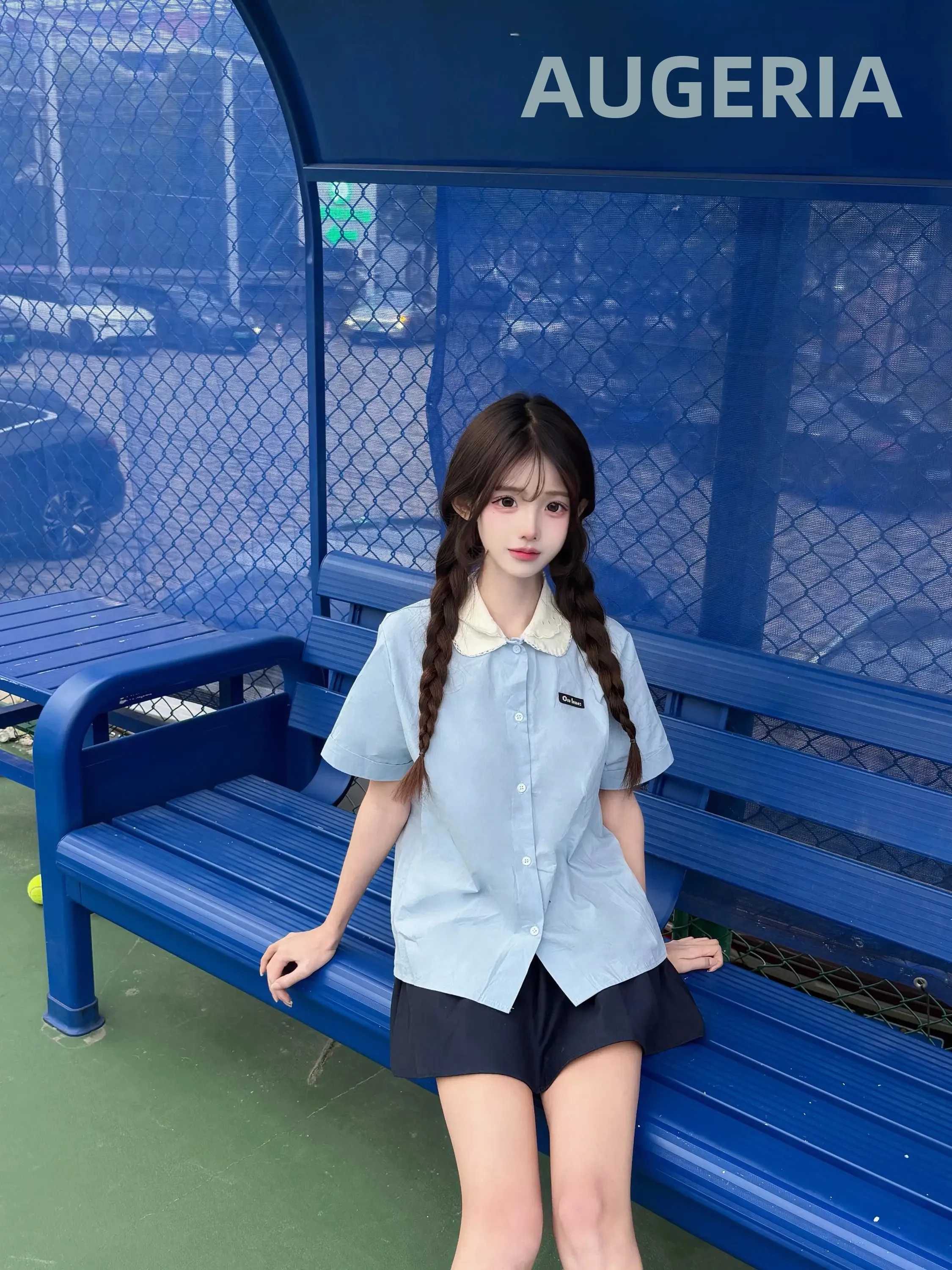 

Korean Style Blue Doll Collar Short Sleeve Shirt And A-Line Skirt Student Uniform Set Summer Collection 2026