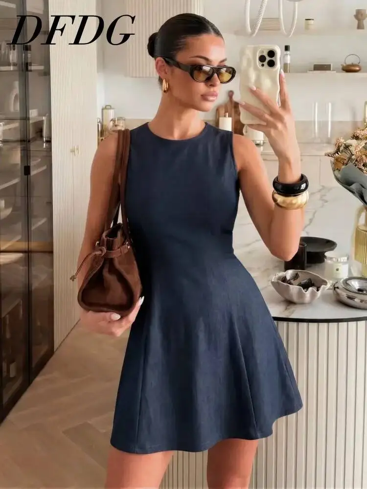 

DFDG Women 2026 Spring Summer Denim Mini Dress Crew Neck Sleeveless Slim Fit Flared Swing Hem Casual Everyday Sundress