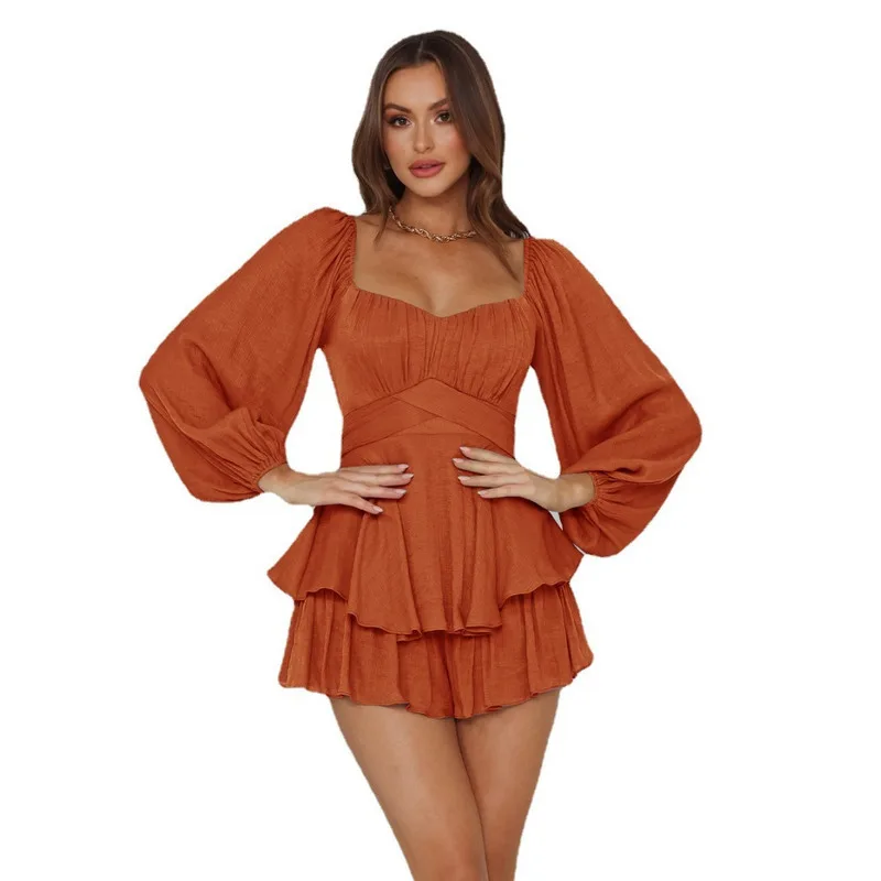 Women S Solid Color Jumpsuit Casual Autumn Outfit Square Neck Lantern Sleeve Ruffle Hem Shorts Romper Stylish And Comfortable