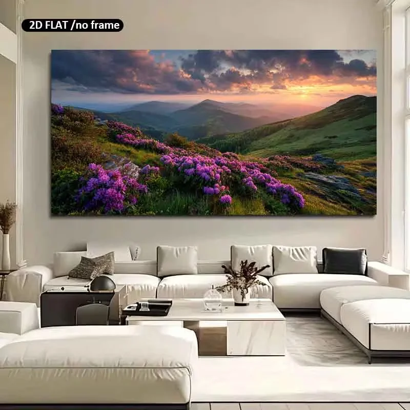 2D Flat, 1pc Large Modern Minimalist Wall Art - Jumbo Frame Suitable for Interior Decoration, Sunset Over Flowering Hills Canvas