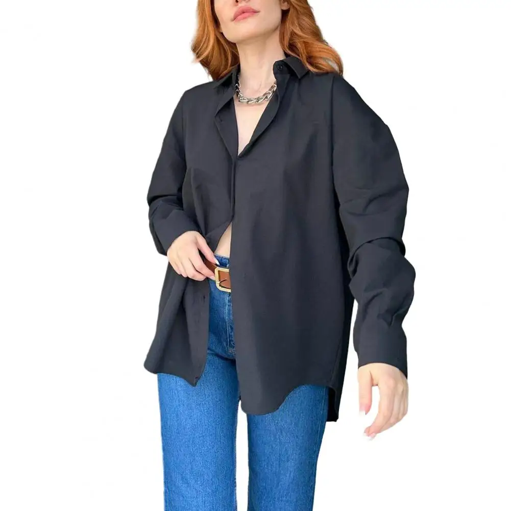 

Women Shirt Split Back Single-breasted Lapel Loose Solid Color Long Sleeve Soft Casual Irregular Hem Blouse Top ropa de mujer