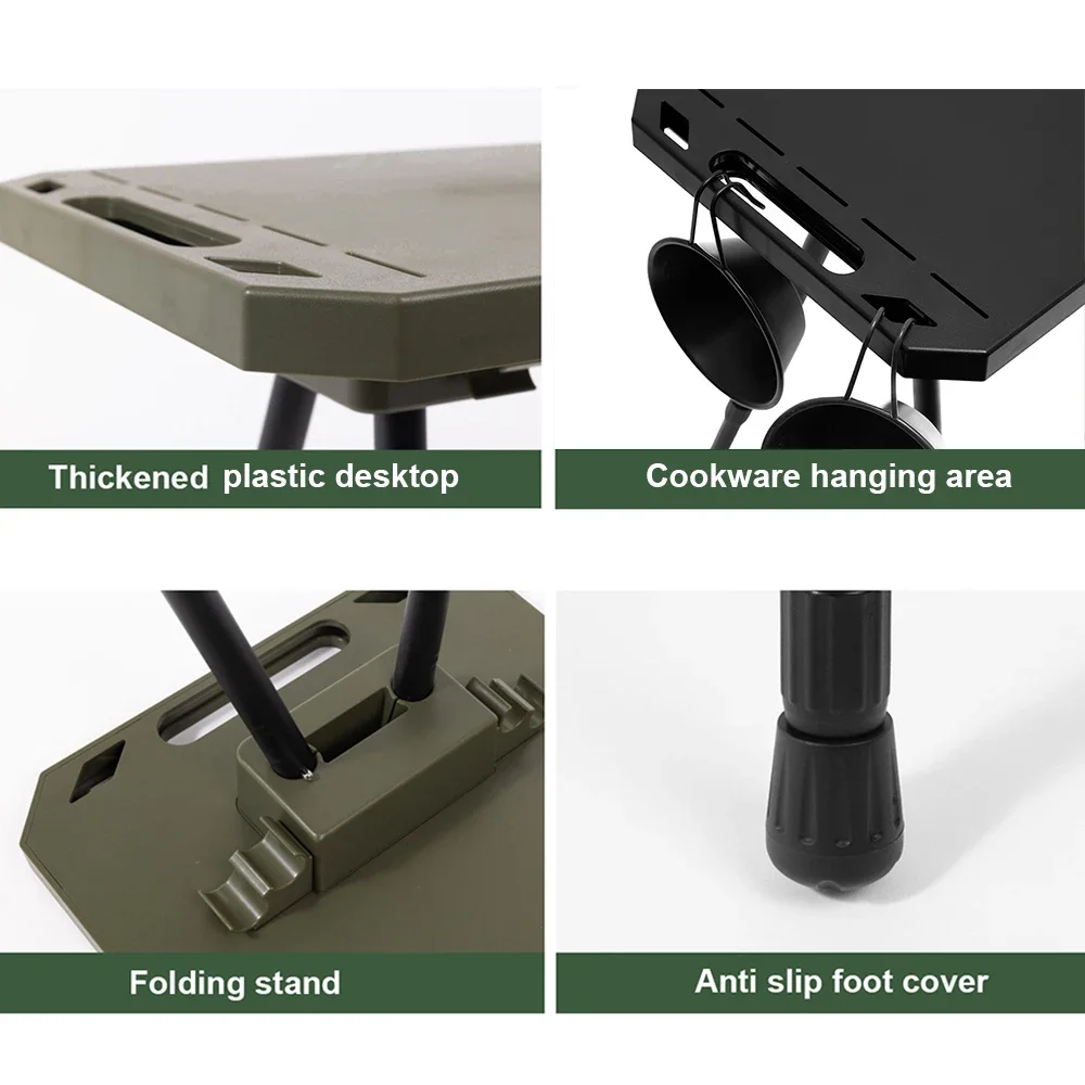 Folding Tactical Table with Storage Net, Height Adjustable Camping Table with Carry Bag Two-Sides Hanging Cookware for Hiking