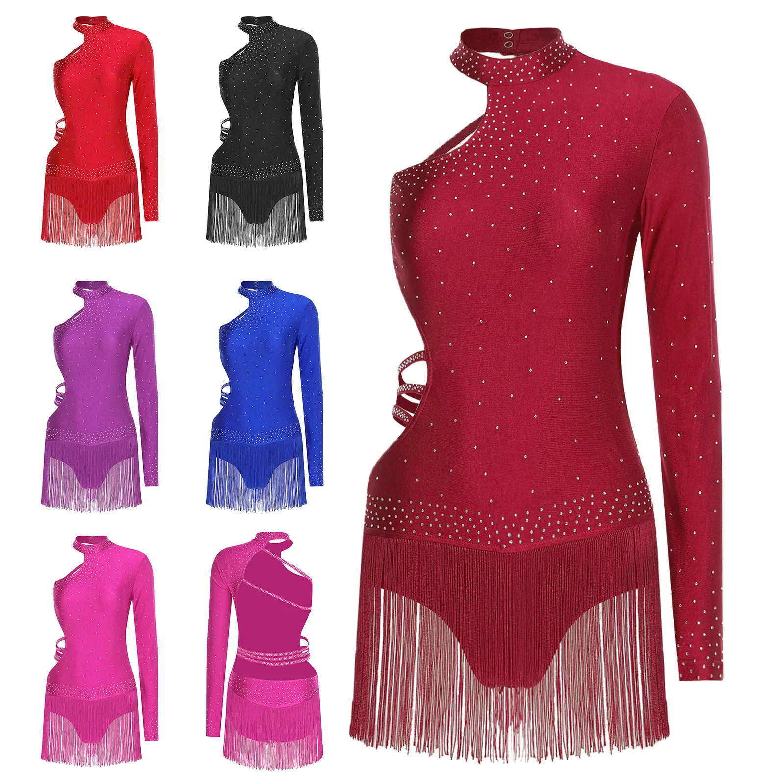 Dames Latin Dance Turnpakje Body Glittery Single Lange Mouw Strappy Backless Kwastje Jumpsuit voor Chacha Tango Prestaties