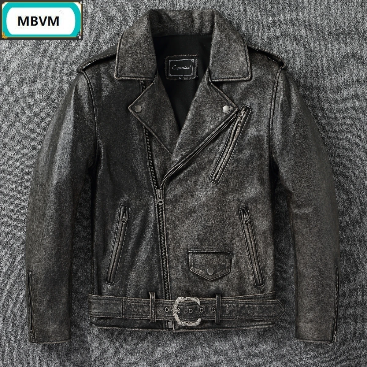 

Genuine Full-Grain Leather Jacket for Men - Rugged Retro Biker Style, Slim-Fit Short Cut with Diagonal Zipper, Motorcycle Chic