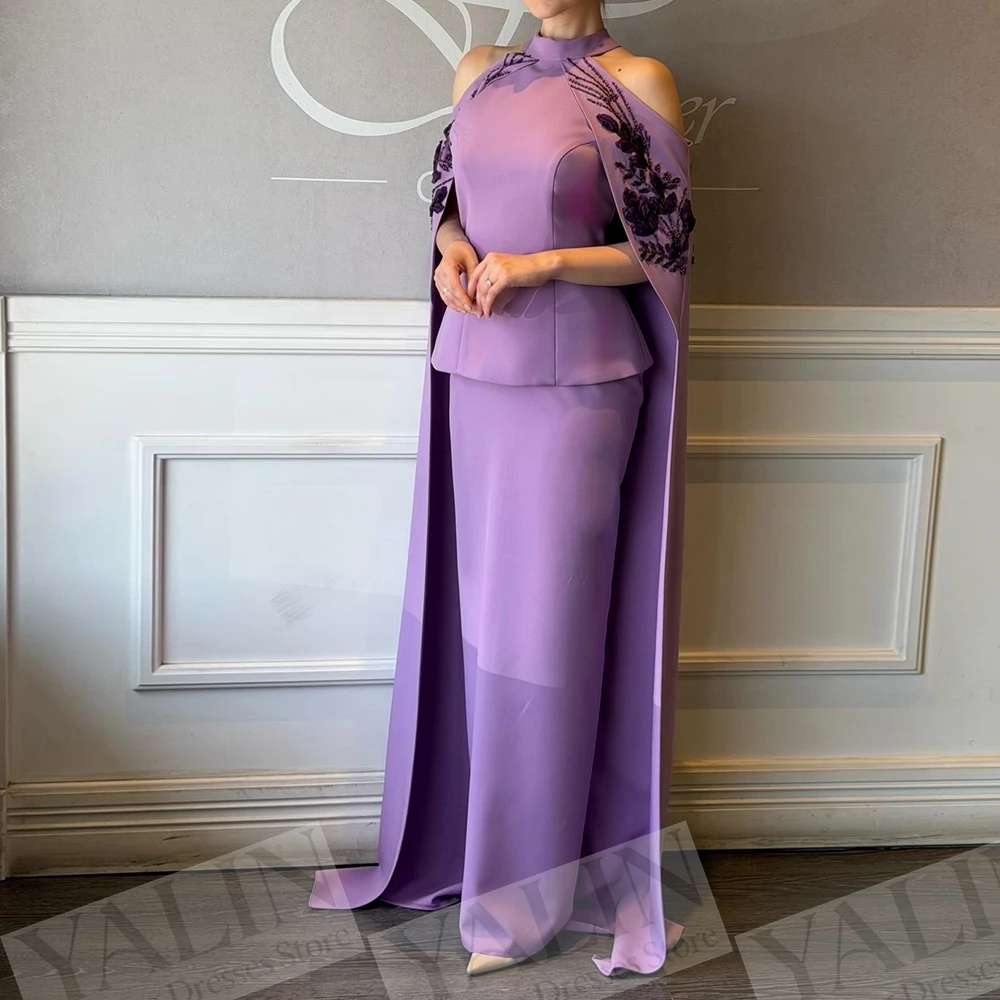 

Women's Straight Evening Dresses Floor-length High-neck Sleeveless Prom Dresses Fashion Flowers Stole Draped Customized Gowns