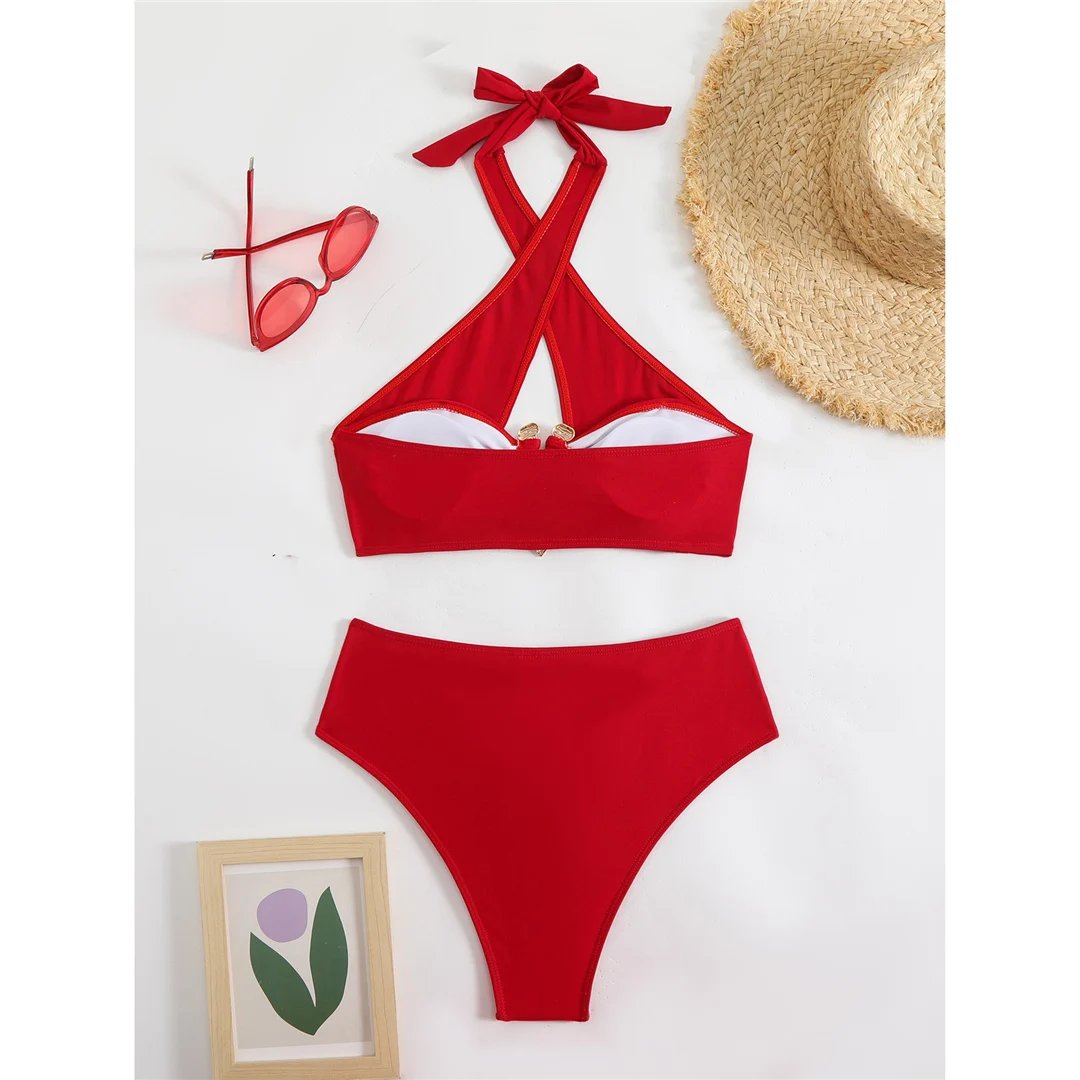 Neuer Neckholder-Bikini mit Cut-Outs und hoher Taille, Damen-Badeanzug, zweiteiliges Bikini-Set, gepolsterter Badeanzug, Badebekleidung, Schwimmbekleidung V6256B – Detail 38