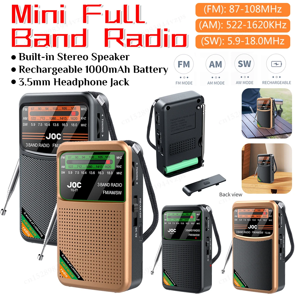 Multifunctional Full Band Radio FM AM SW Radio Built-in Speaker Transistor Radio Player Type-C Portable Rechargerable Radio