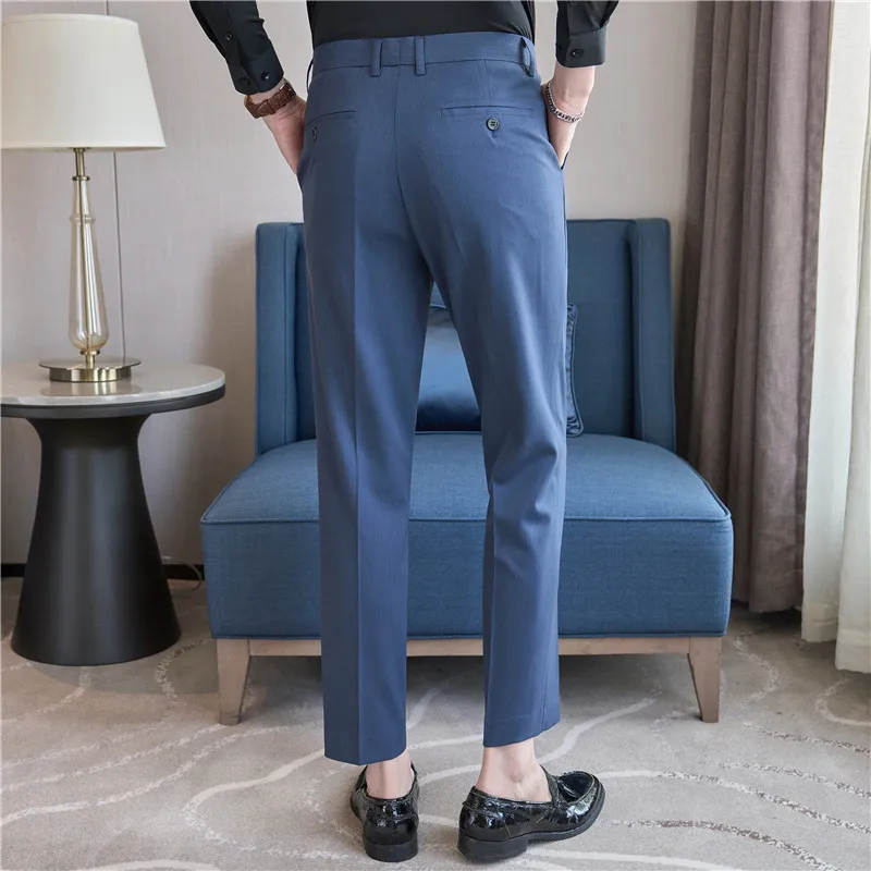 Men Pinstripe Suit Pants 2024 Autumn New Casual Straight Formal Dress Pants Elastic Slim Fit Trousers Wedding Party Men Clothing