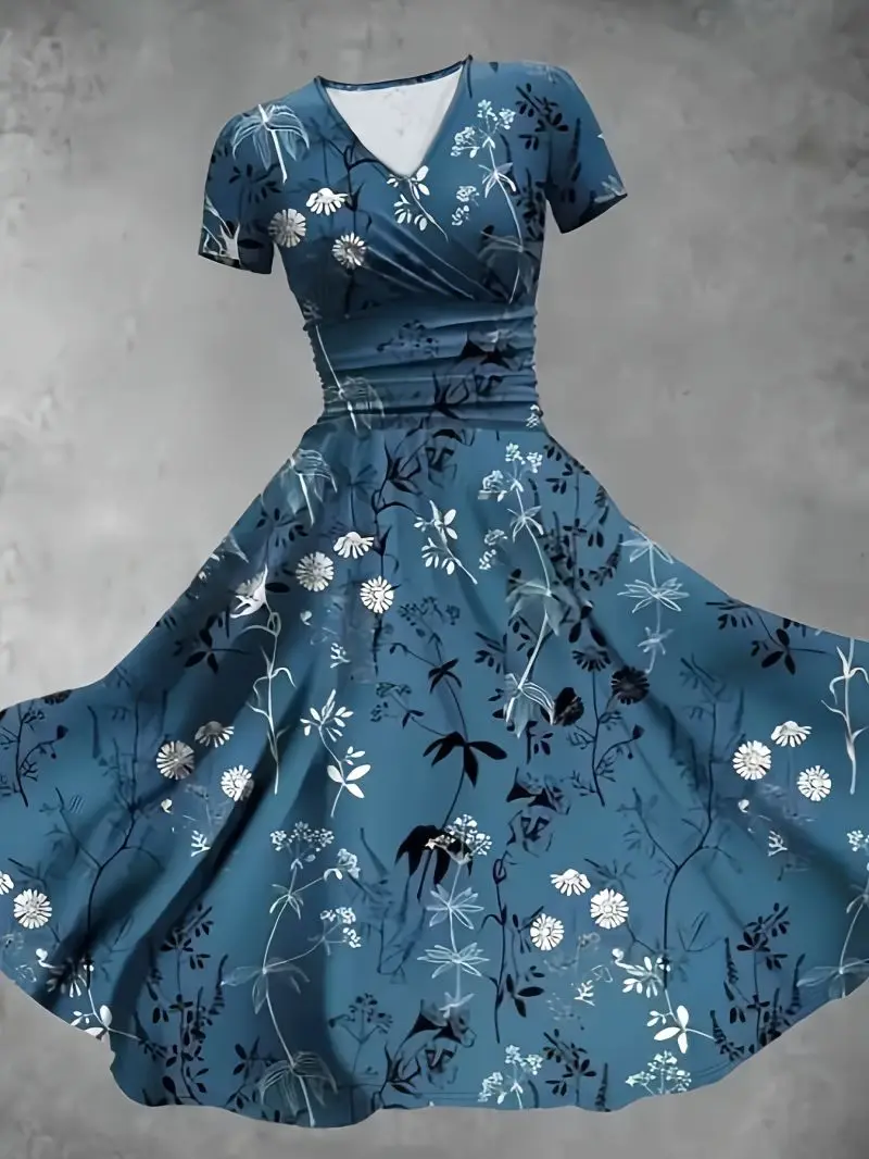 V-Ausschnitt-Kleid mit kurzen Ärmeln, Falten an der Taille und einem großen Schwung, mittellanger A-Linien-Rock