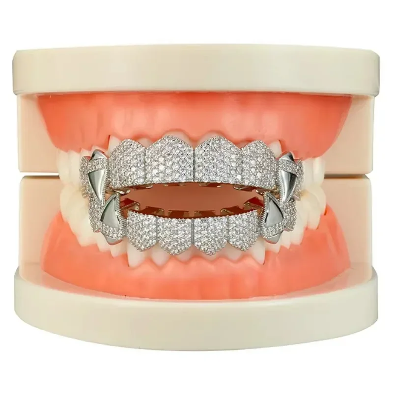 Hip Hop Full CZ Stones Teeth Grillz Caps Cubic Zircon Iced Out Micro Pave Top&Bottom Charm Grills For Men Women Jewelry