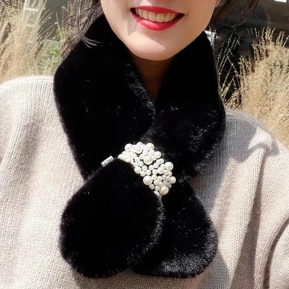 2026 New Pearl Decor Faux Plush Fur Scarf For Women Thick Warm Cross‑Stereo Winter Neck Wear Apparel Accessories