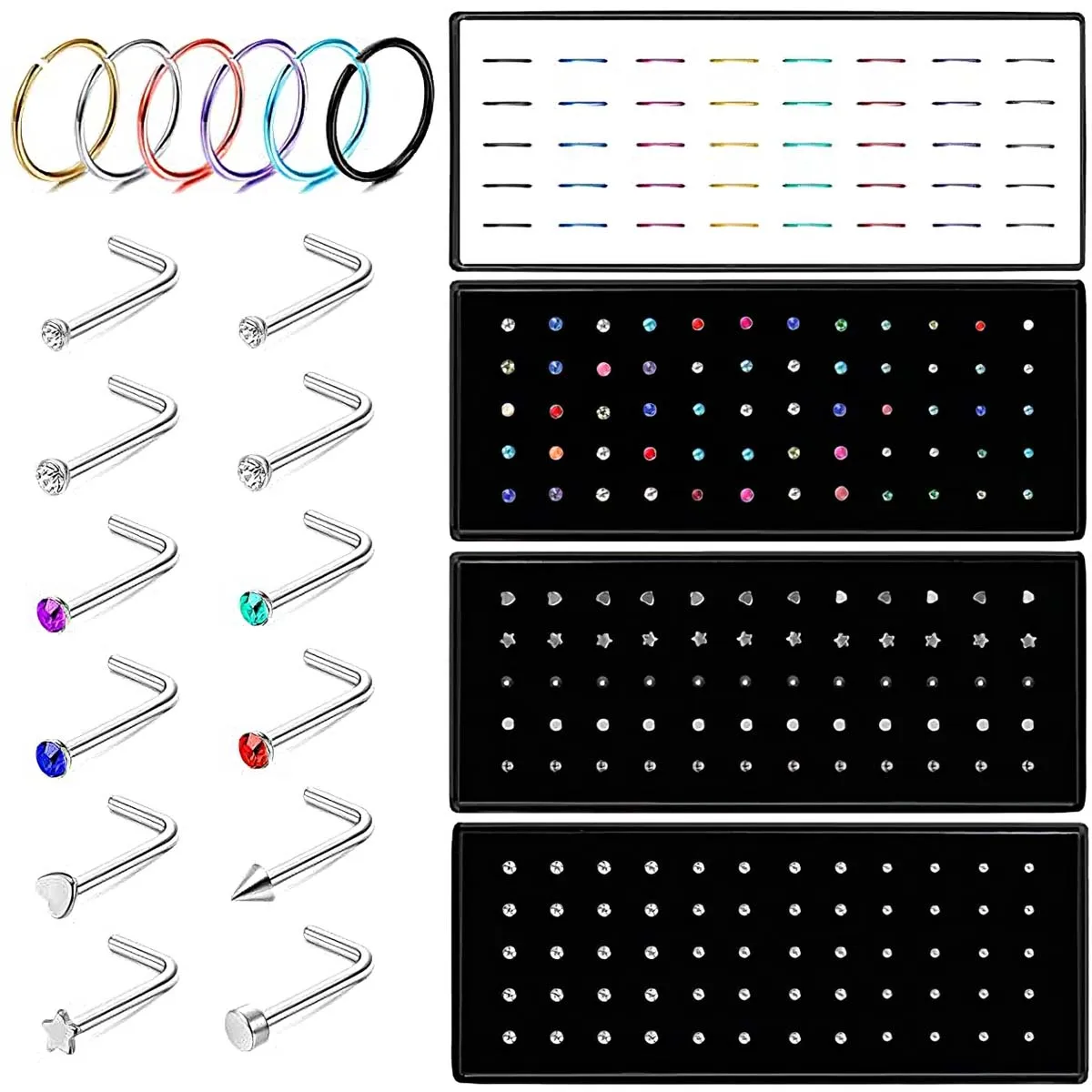 40/60PC Stainless Steel Straight L Nose Stud for Women Nose Ring Set 1.8MM Fashion Crystal Aro Nariz Nase Pircing Body Jewelry