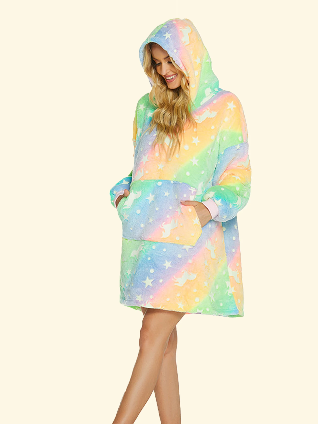 Glow-in-the-dark Star Plus Fleece Thick Flannel Hooded Casual Tie-dye Printed Glow-in Blanket Couple Loungewear With Pocket Hood