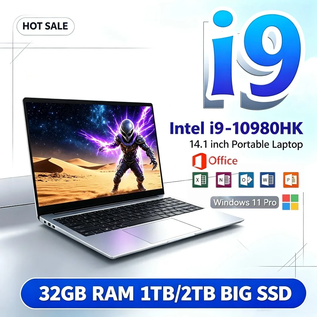 14.1 Inch Premium Intel I9-10980HK Ultra Slim Laptop Office 16/32GB RAM 1/2TB BIG SSD Portable Laptop Study Bright Windows11