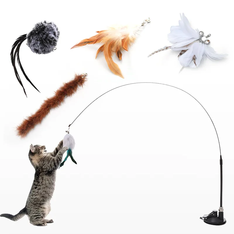 

Pet Plastic Suction Cup Feather Teasing Cat Stick with Bell Long Pole Bite Resistant Fun To Play with Cat Toys