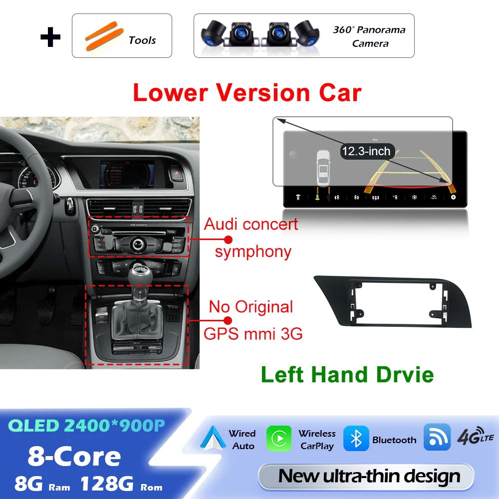 Android 16 draadloze Carplay autoradio multimediaspeler GPS navigatie ultradunne scherm DSP stereo WiFi voor Audi A4 B8 A5 2009 - 2016