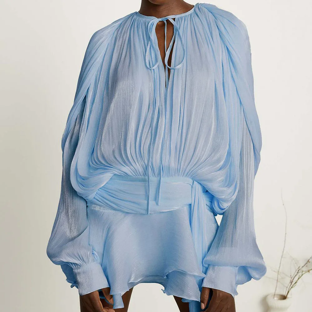 Spring Summer Hot Sale Puff Sleeve Dress Solid Color Long Sleeve Top And Shorts Two Piece Set Shiny Yarn Women's Matching Sets