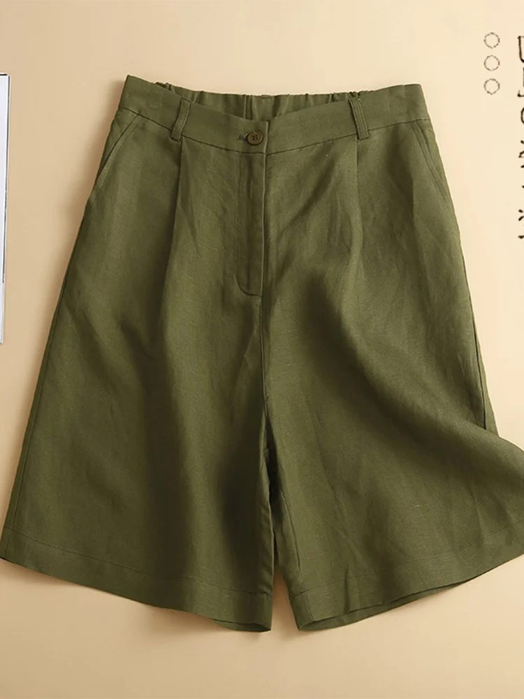 

Широкие шорты с высокой талией из хлопка и льна, женские повседневные брюки в винтажном стиле, летние, из тонкой ткани, с карманами