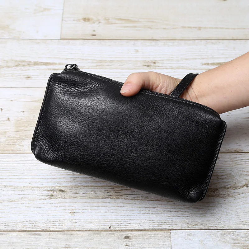 Genuine Leather Handbag For Men's Soft Leather Retro Casual Top Layer Cowhide Long Wallet With Large Capacity Zipper Phone Bag