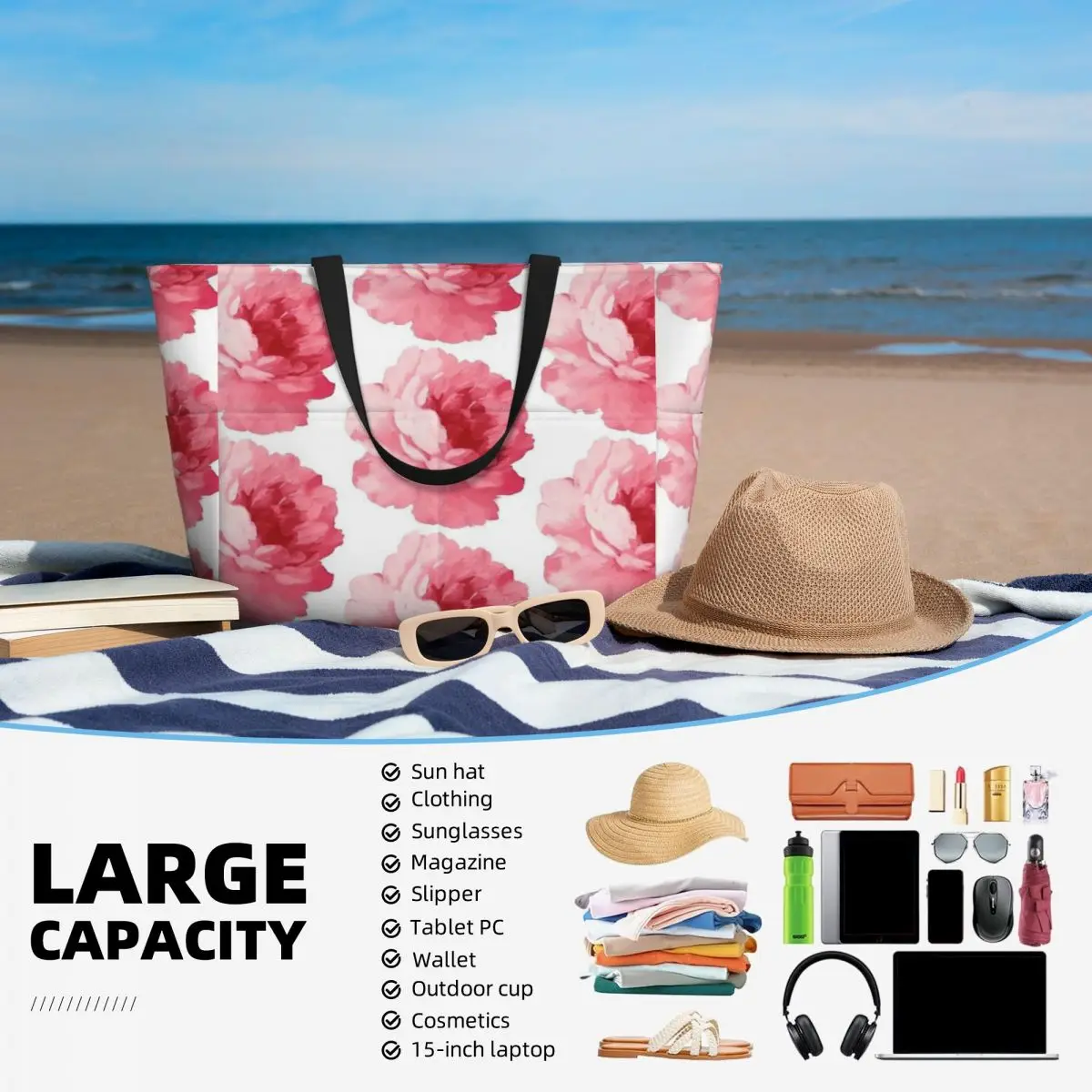 Borsa da viaggio da spiaggia con peonia rosa fiore, borsa tote Borsa a tracolla sportiva per lo shopping personalizzabile Modello multi-stile