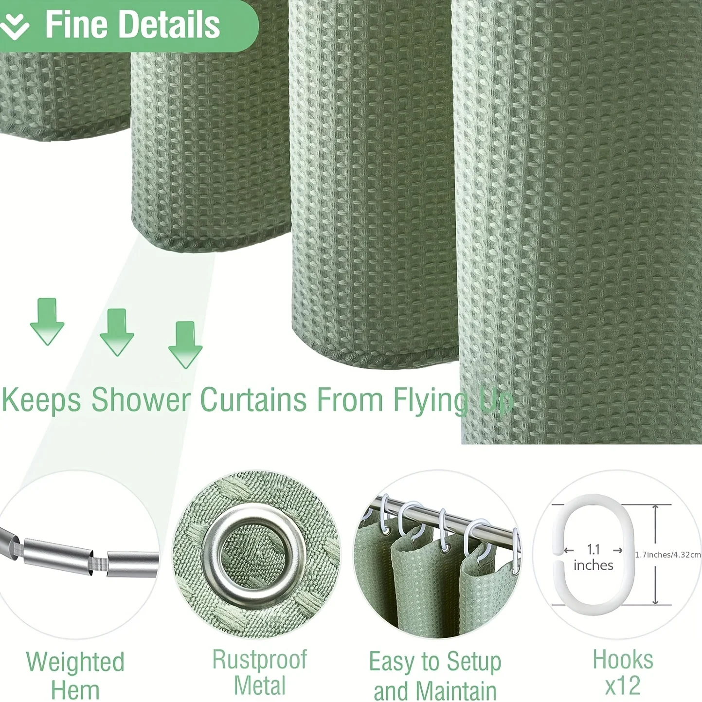 Green Shower Curtain-Waffle Textured Heavy Duty Thick Fabric Shower Curtains ,Luxury Weighted Polyester Cloth Bath Curtain Set .