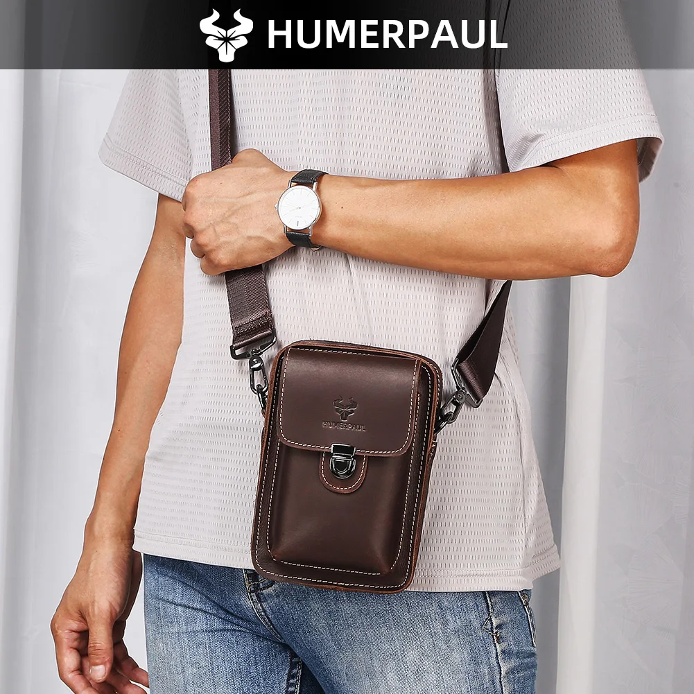 HUMERPAUL Men's Waist Bag Crazy Horse Leather Small Shoulder Messenger Bags Quality Multifunctional Phone Pouch Outdoor