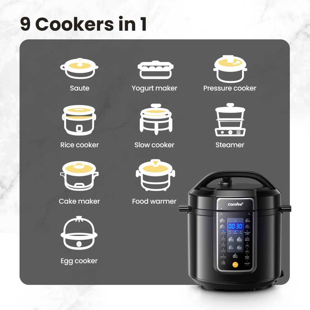 COMFEE’ 6 Quart 9-in-1 Electric Pressure Cooker 13 Presets Instant Multi Cooker Olla de Presion Slow Rice Cooker Non-Stick Pot