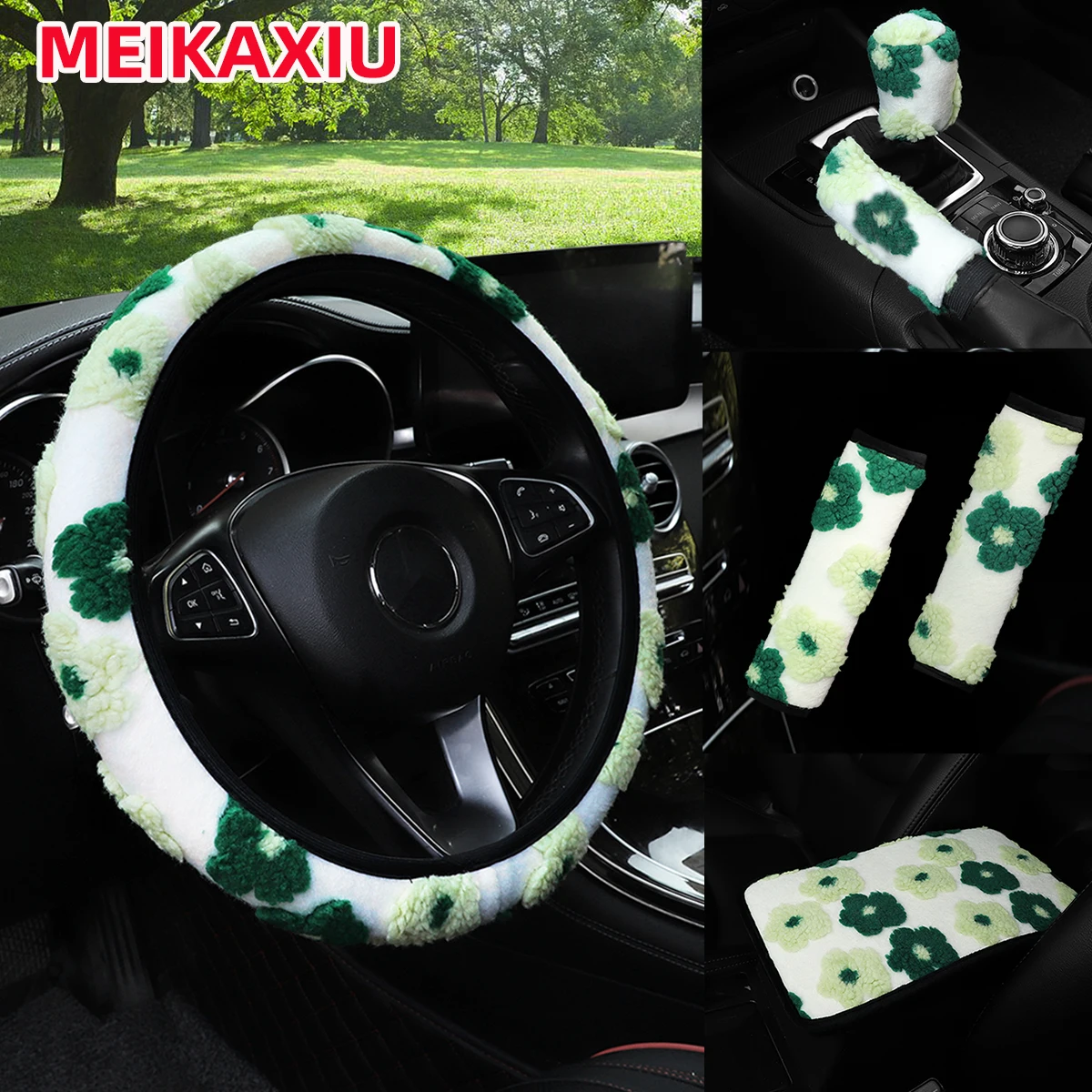 

6PCS Winter Fur Car Accessories Set for Women with Flower Design Steering Wheel Cover Shoulder Cover Brake Handle Gear Shift Cov
