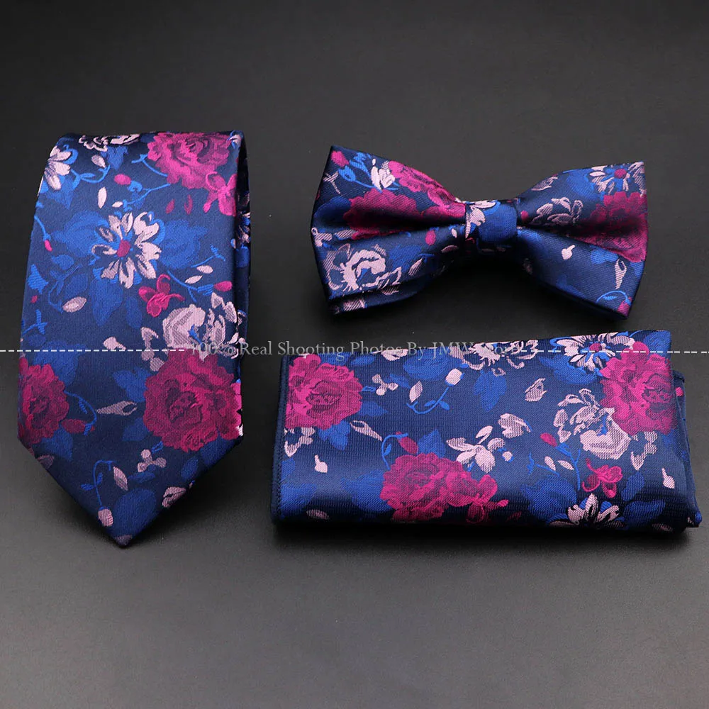 Hot Sale Red Rose Floral Tie Set Polyester Wave Meteor Fireworks Necktie Bowtie For Groom Suit Wedding Cravat Shirt Accessory