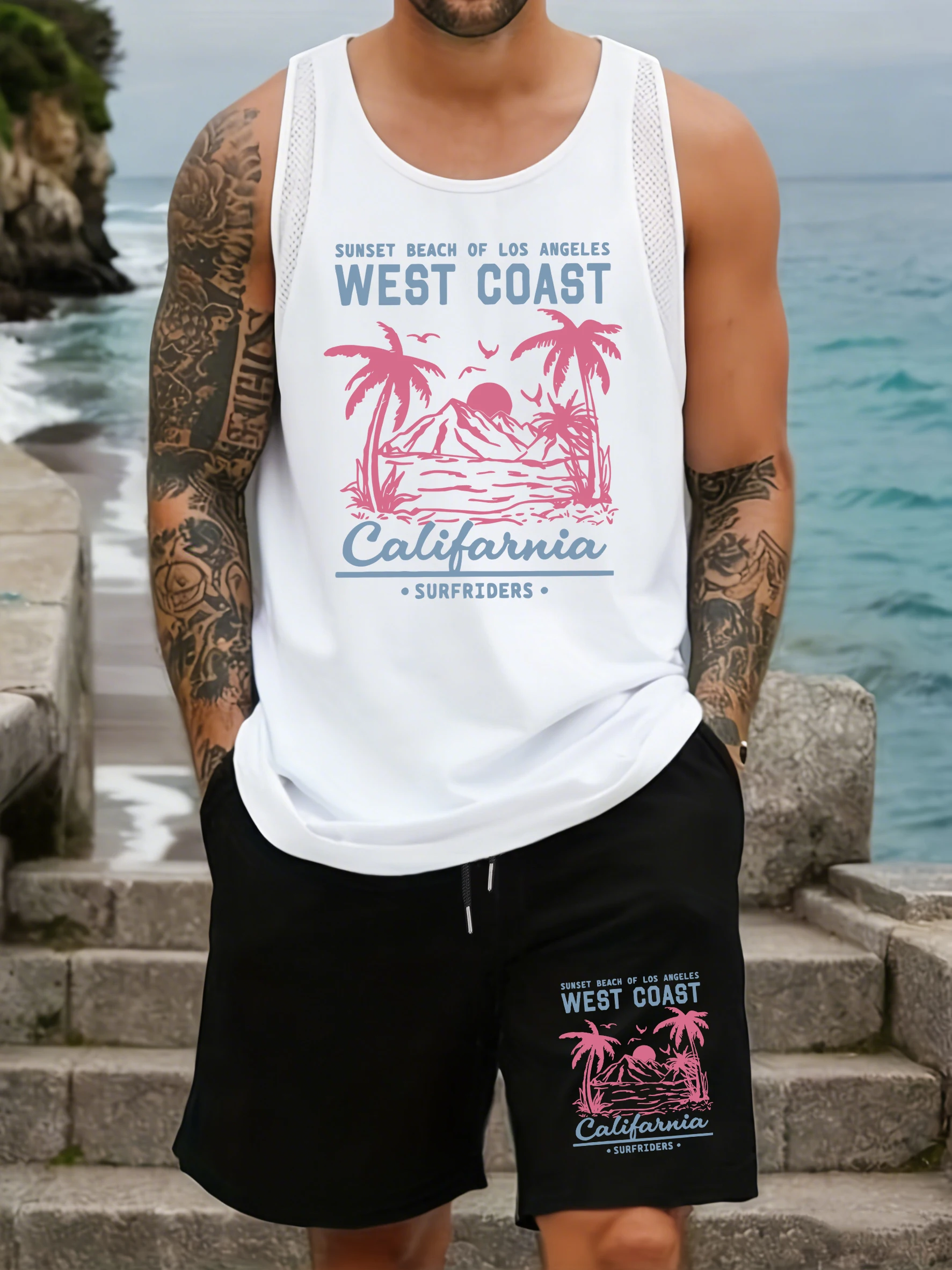 

California West Coast Beach Print Men Vests Set Drawstring Shorts Wide-Leg Pocket Pants Sleeveless Summer Mesh Tank Tops