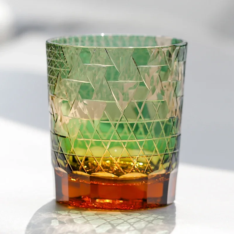 Hand Cut Lattice Pattern Vintage Amber Base Old Fashioned Glass Cups for Whiskey Brandy Cocktail Water