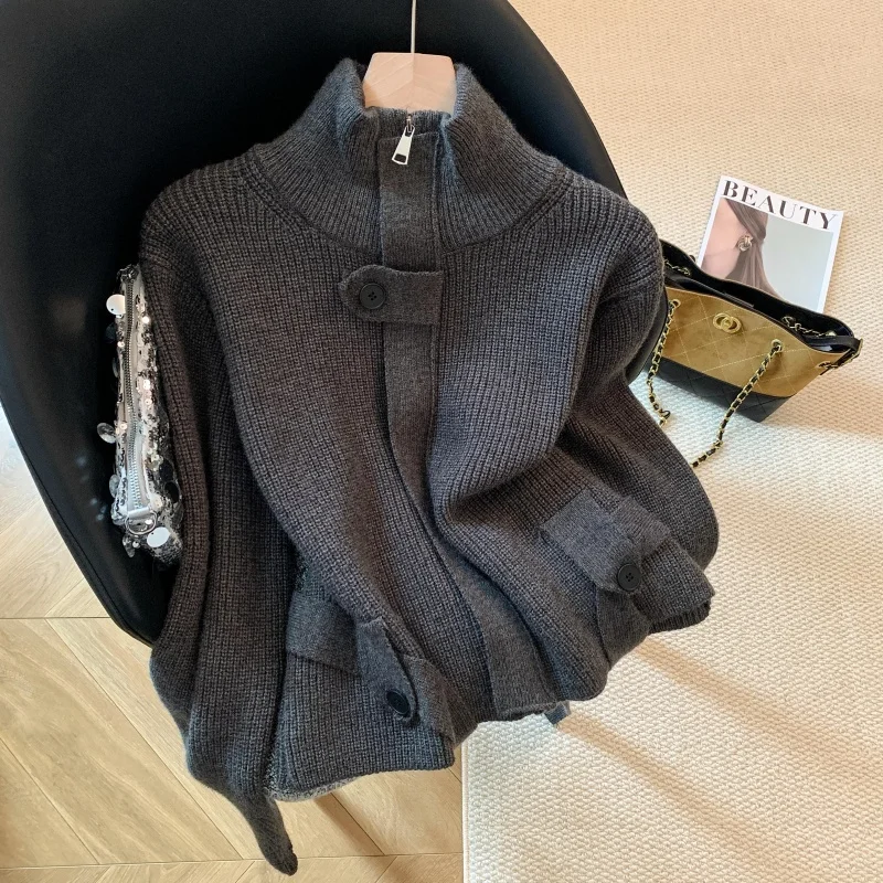 

Women Turtleneck Zipper Cardigan Sweater Y2k Vintage 2000s Elegant Jumper Knit Long Sleeves Korean Jacket Autumn Winter 2025 F43