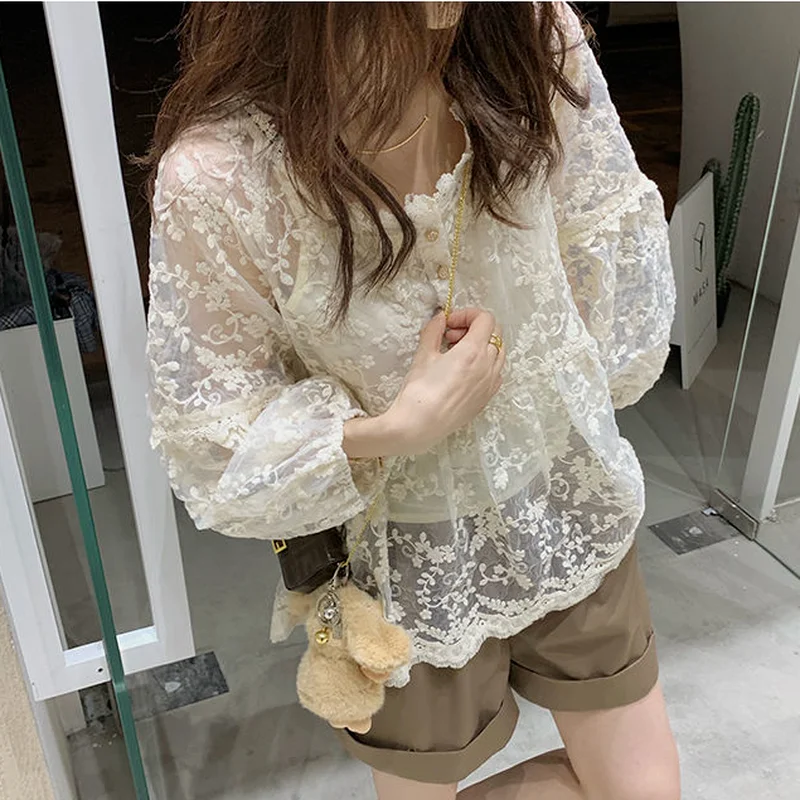 Blouse Women Sexy Female Puff Sleeve Hollow Out Leisure Popular Fashion All-match Simple Lovely Mujer Streetwear Preppy Style