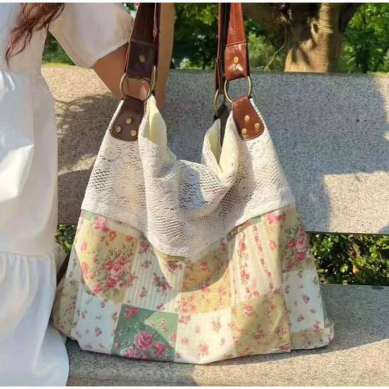 Böhmische Umhängetasche, Mori Girl Fairycore Damen Ditsy Floral Patchwork Handtasche mit Spitzenbesatz, Vintage Reise-Pendler-Einkaufstasche – Detail 19