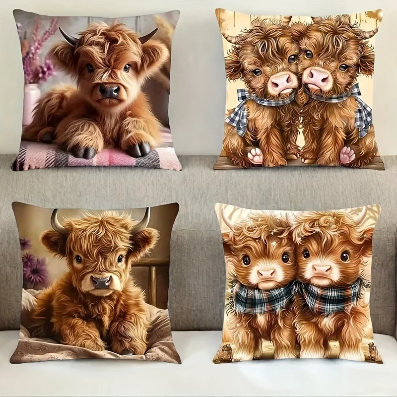 Cute Highland Cow Throw Pillow Covers Set of 4 Baby Scottish Cow Plaid Bow Decorative Cushion Case Farmhouse Sofa Home Decor