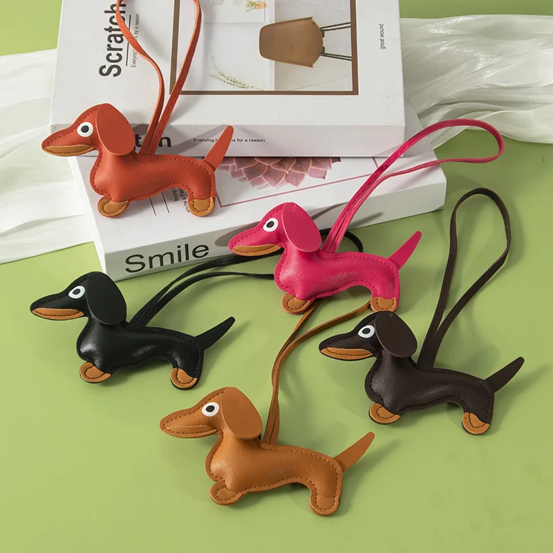 Cute Dachshund Bag Pendant PU Leather Puppy Dog Keychain Sweet Girls Women Bag Phone Pendant Trinket Car Key Ring Gift