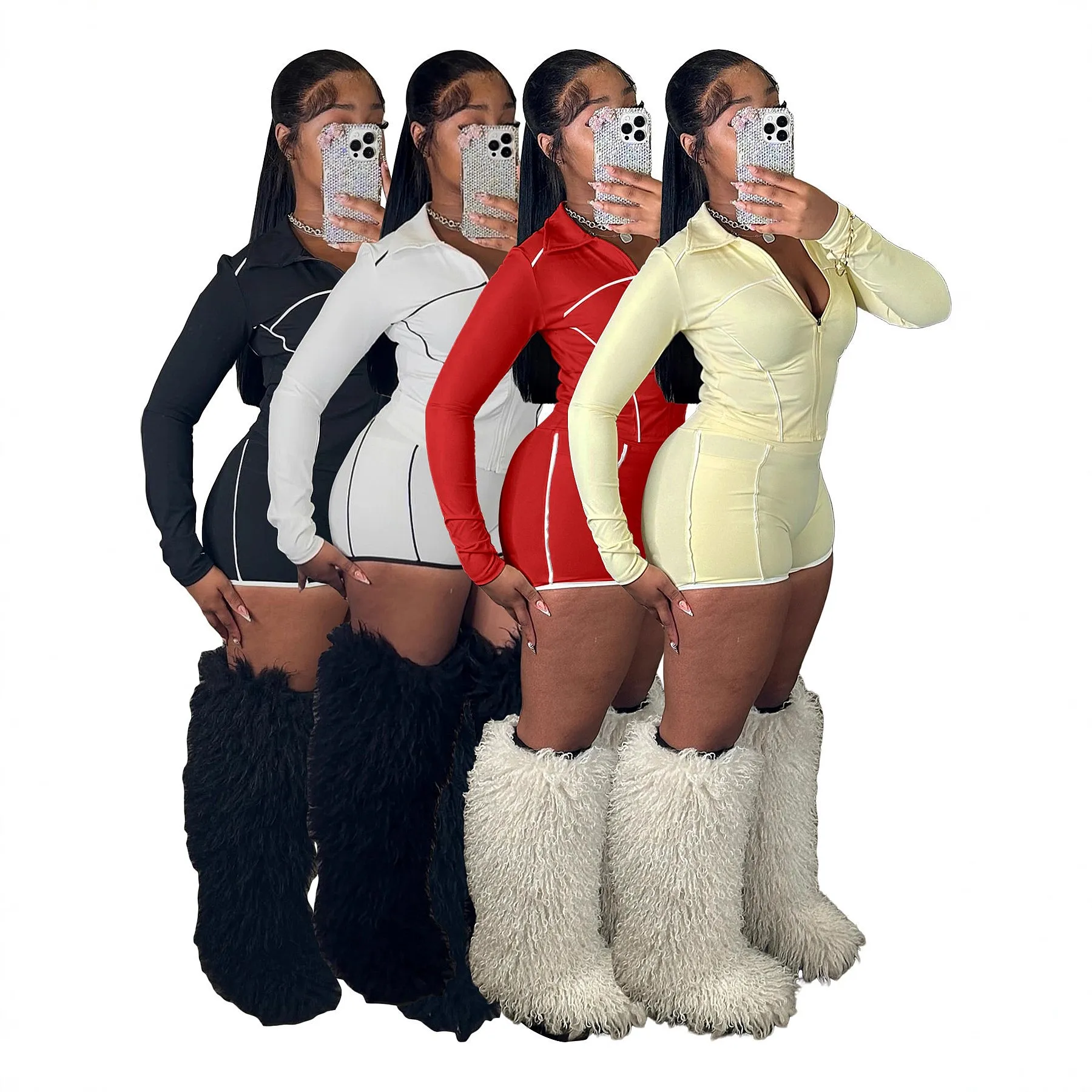 Women's Fashion Zip Thumb Hole Top Shorts Matching Set Jumpsuit Playsuit