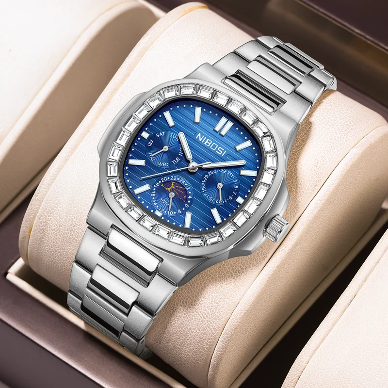 

NIBOSI Brand Luxury Men Quartz Watch Waterproof Luminous Chronograph Clock Moon Phase Male Fashion Watches Man Relogio Masculino