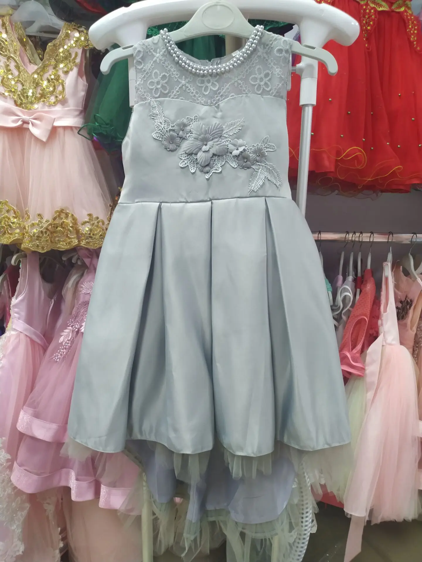 Grey  Sleeveless Child party Clothing Flower Girl Bead  Dress Tail dress Banquet Fluffy Princess Dress