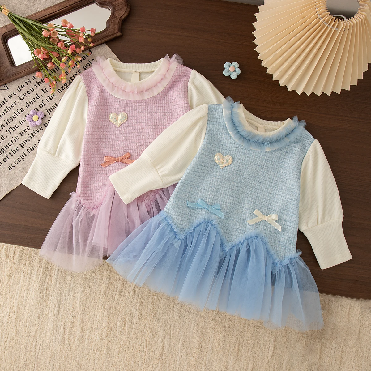 

1st Birthday Party Toddler Girl Elegant Princess Dress Baby Pink Long Sleeve Gauze Dress With Bow Details