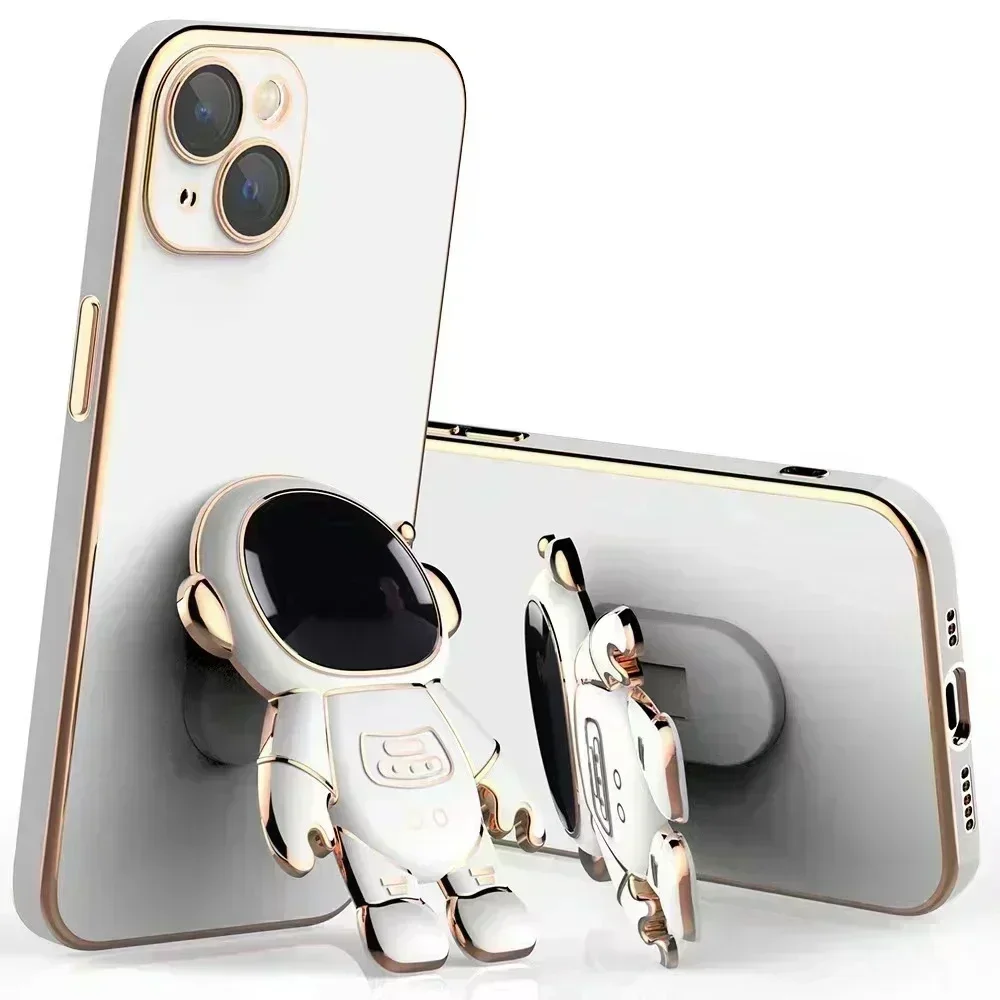 Suporte do anel do astronauta 3D Estojo macio para iPhone, capa traseira luxuosa, dobrável, chapeamento, 14, 13 Pro Max, 12 Plus, 2023