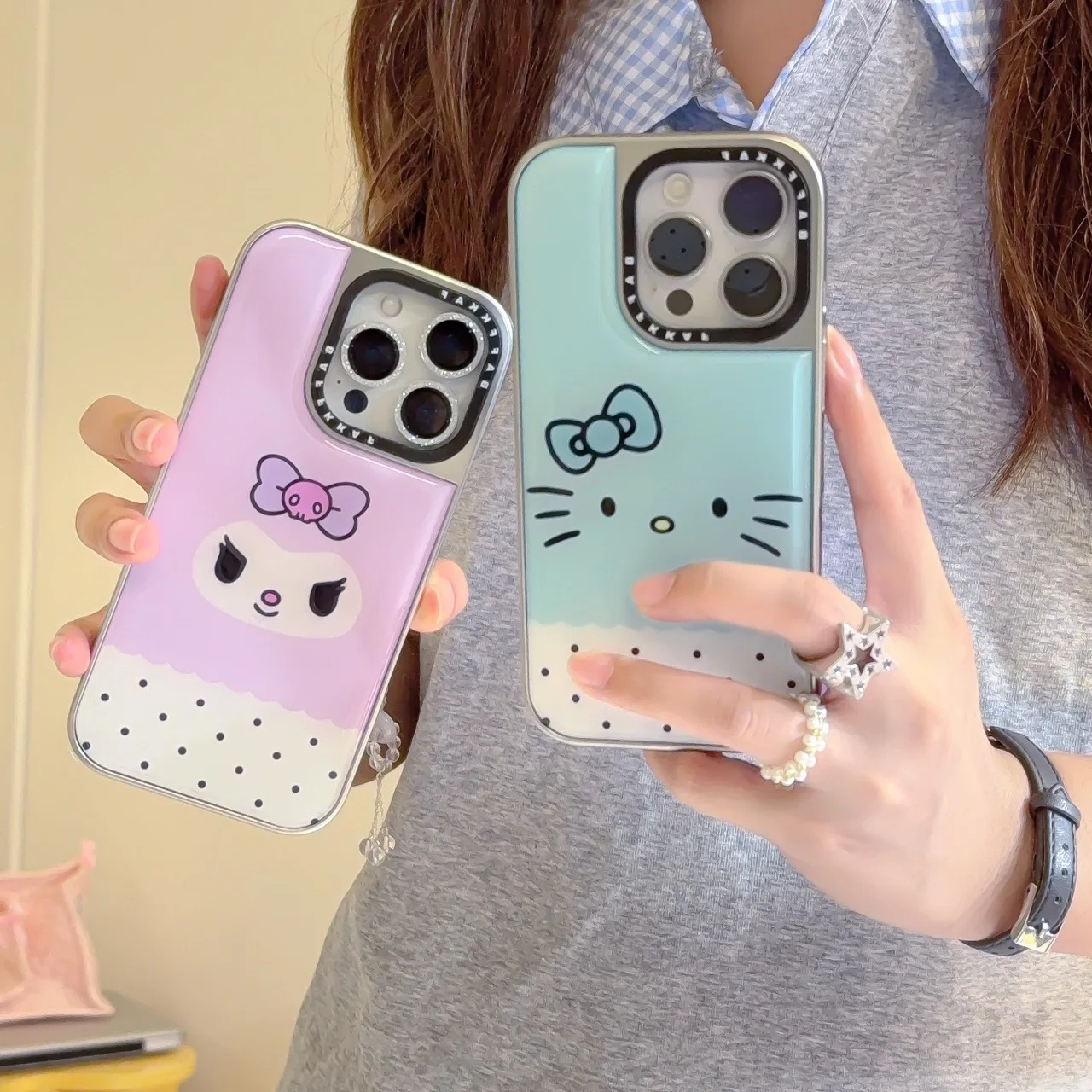 

Electroplated Mobile Phone Case Sanrio For Hello Kitty Kuromi Cute Cartoon Dots Special For iPhone16 13 14 15 Pro Max Anti Drop