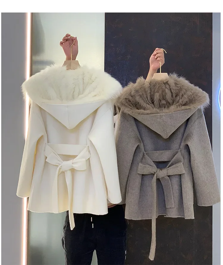 Removable Lining Striped Real Fox Fur Long Sleeve Woolen Coat With Hat Korea Overcoat Luxury Cashmere Women Winter Ribbon Jacket